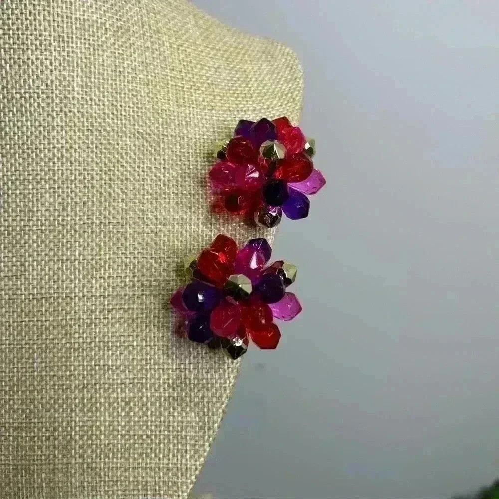 Vintage Statement Earrings Gold Tone  Pink Purple Clip On